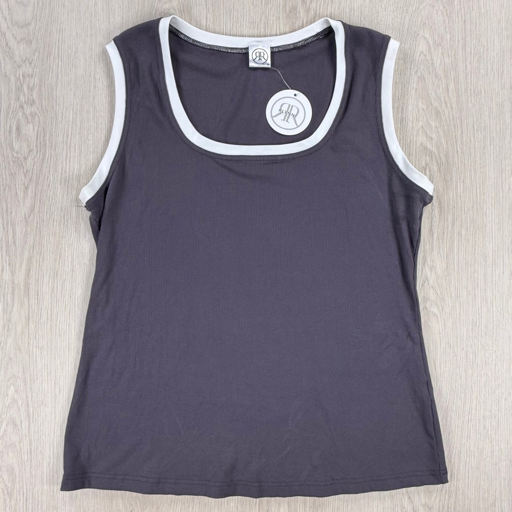 Rlynne Boutique Womens Ribbed Tank Top Charcoal Grey White Trim Size XL NWT